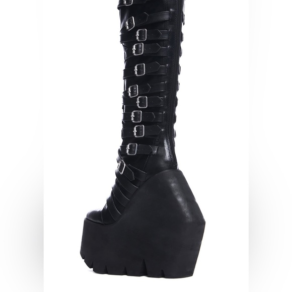 Gothic Black Buckle Strappy Monster Wedge Knee High Platform Boots - 9 - Picture 6 of 17